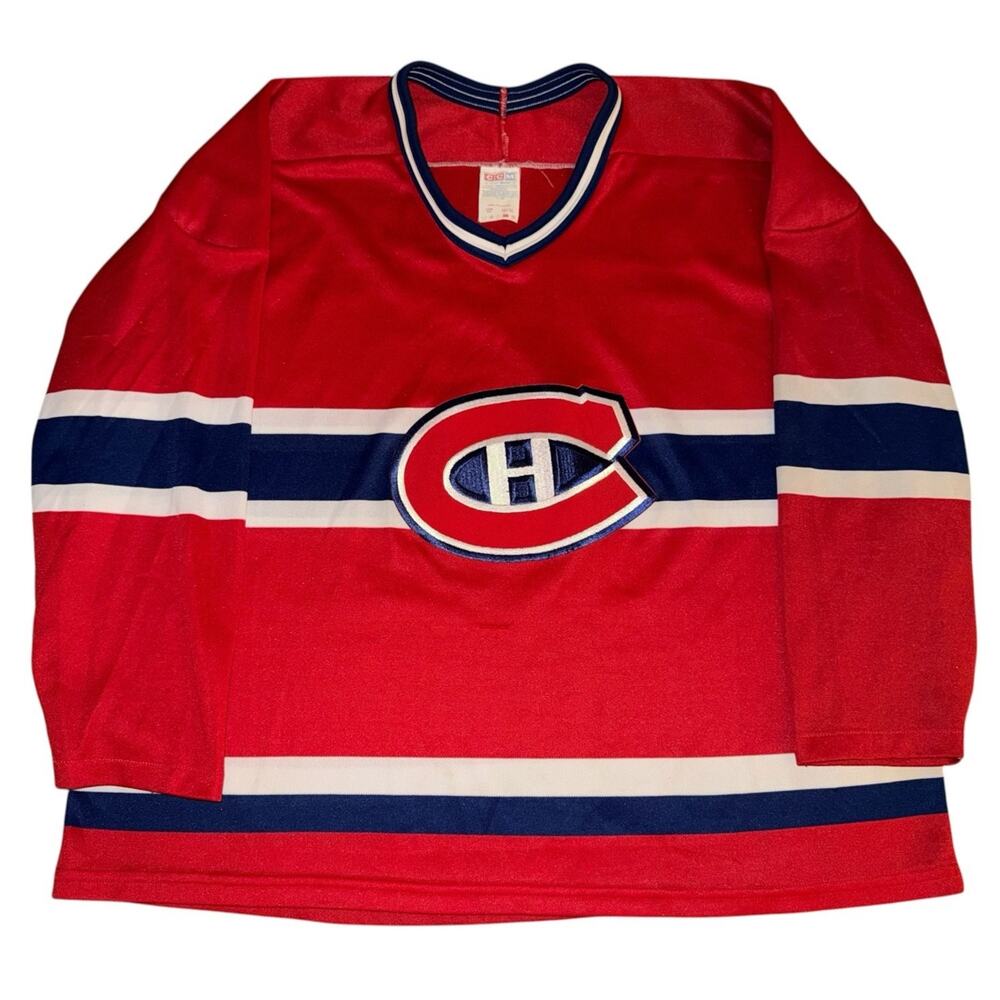 Vintage Montreal Canadiens NHL Hockey CCM H Home Jersey 80s Mens XL Red Blue